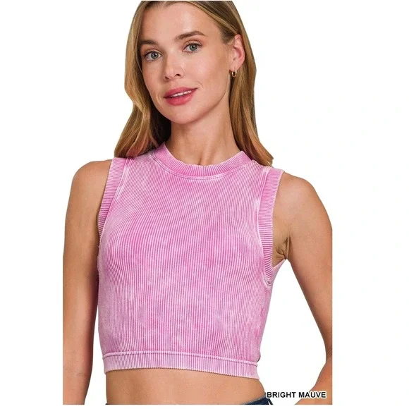 Zenana Bright Mauve Ribbed Seamless Crop Top with Bra Pads L/XL - Picture 1 of 1